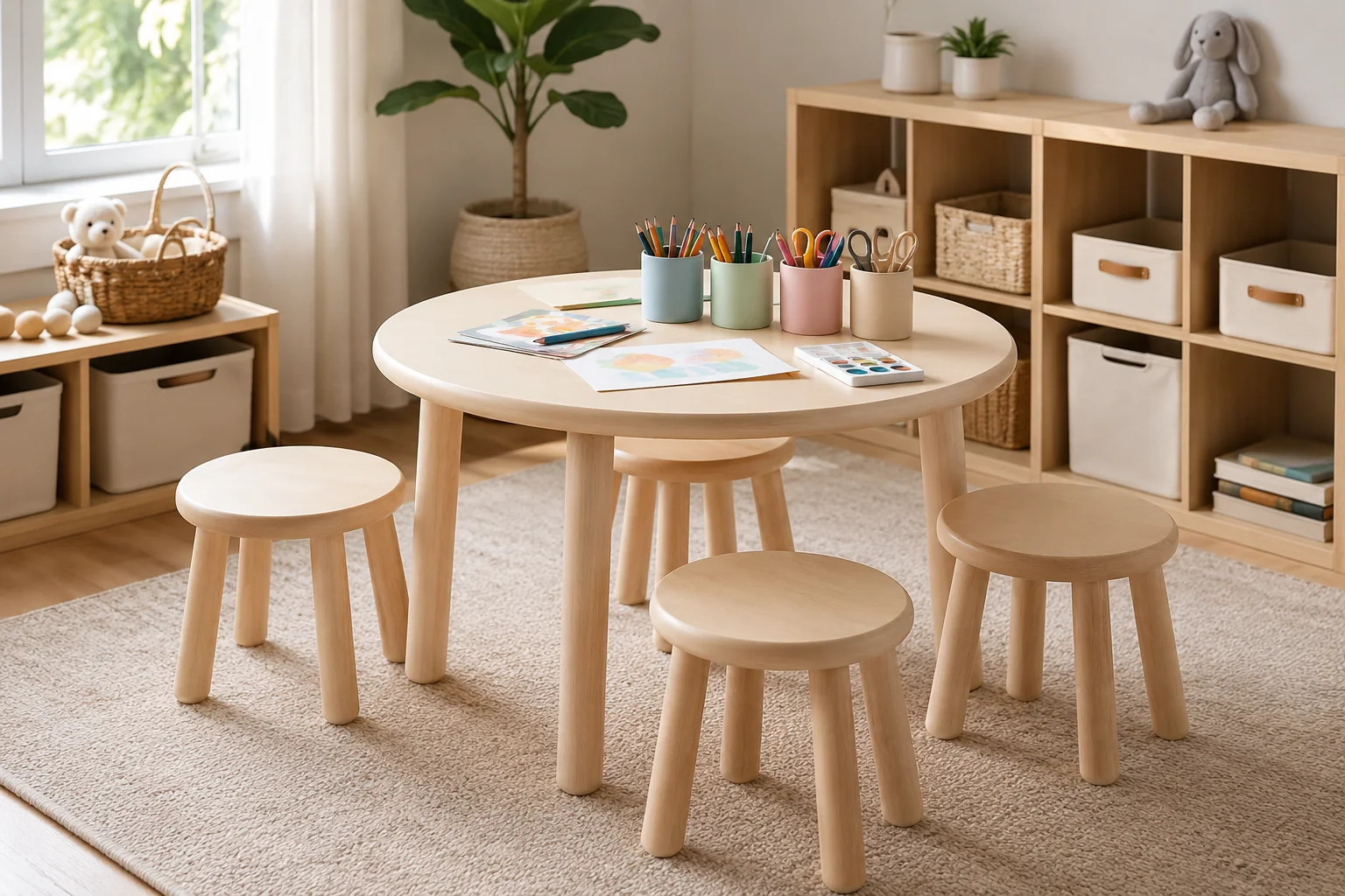 Round Kids Craft Table with Stools - Image 3